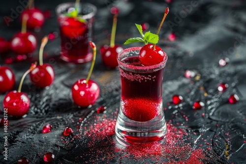 Vodka based cocktail with cherry liqueur syrup fresh cherry and red sugar in shot glass sweet photo