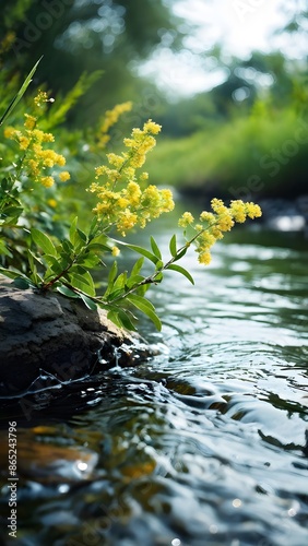 Yellow flowers bloom by a stream, green foliage and gentle water flow, capturing the essence of nature's tranquility.
