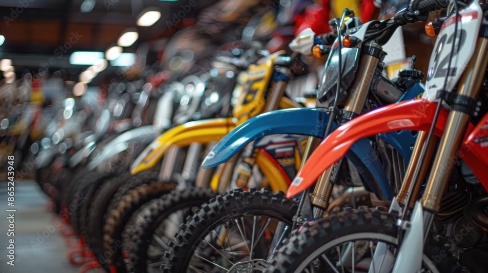 Obraz premium A store sells motocross motorcycles in different colors