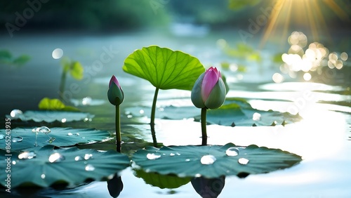 Lotus buds and leaves in a calm pond, sunlight reflecting off water, serene and peaceful natural beauty.