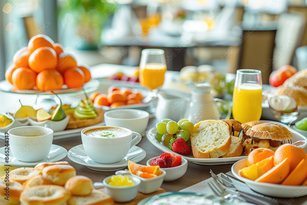 Bright and colorful European breakfast with fresh fruits, pastries, orange juice, coffee, milk or cheese in the morning Bright and colorful European breakfast with fresh fruits, pastries, orange juice, coffee, milk or cheese in the morning