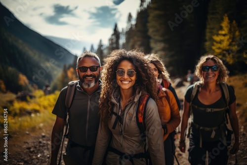 group of friends, of different nationalities, gathered in a mountain-like, picturesque place. with their arms on their shoulders they go up and smile at the sun. © tirlik