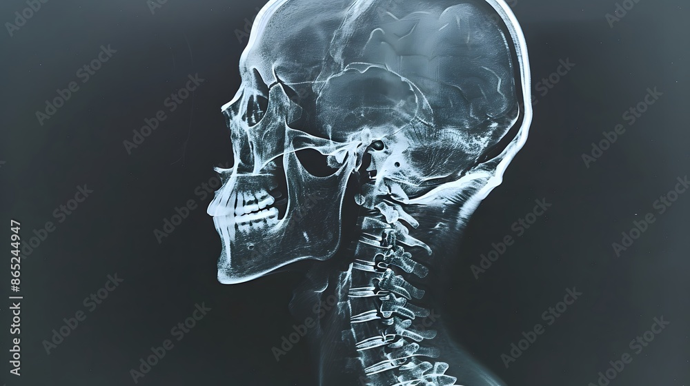 X-Ray of a Human Head: Lateral X-ray view of a human head, showing skull and cervical spine.
X-Ray of a Human Head: Lateral X-ray view of a human head, showing skull and cervical spine.