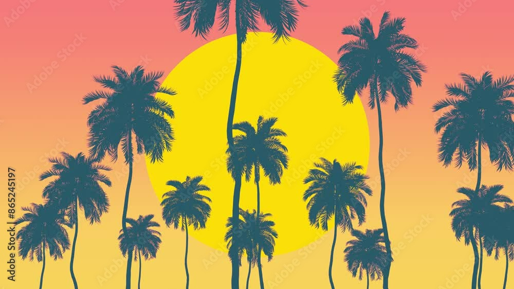 Parallax tracking shot of a loop animation of palm tree landscape at sunset with flat and gradient color design