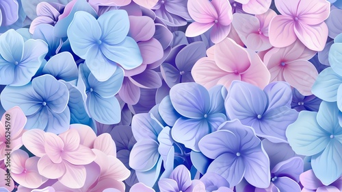 A beautiful floral pattern with soft pink and blue flowers. The flowers are hydrangeas, and they are in full bloom.