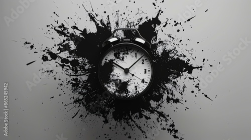 Black alarm clock on a white background. The clock is surrounded by a large splash of black paint. photo