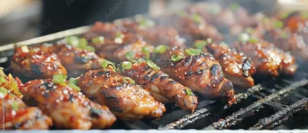 Meat on the grill with flames and smoke
