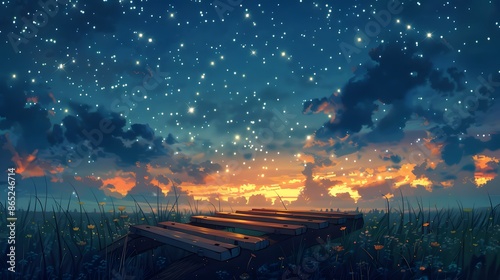 A time-lapse of clouds moving over a cityscape, showcasing the transition from sunset to night under a sky filled with colors and stars