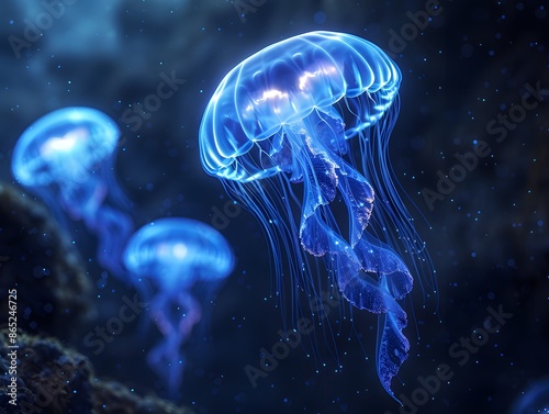 Jellyfish swimming gracefully in the deep blue ocean