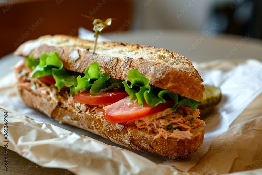 White butcher paper wrapped tuna sandwich White butcher paper wrapped tuna sandwich