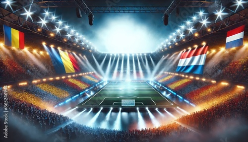 Romania vs Netherlands football match, Romanian flag, Dutch flag, stadium, Euro 2024, UEFA European Football Championship 2024, 1/8 finals