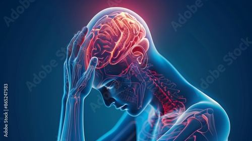 A digital illustration of a person experiencing a headache, with their brain highlighted.  The image is a representation of pain and discomfort. photo
