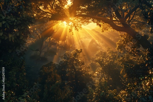 The sun sets behind a dense forest, casting a warm, golden light on the trees and underbrush, with a few rays of light filtering through the canopy above.