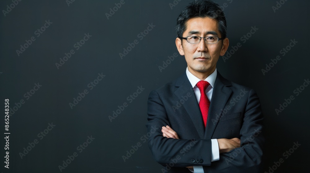 A man in a suit and red tie stands in front of a black background A man in a suit and red tie stands in front of a black background