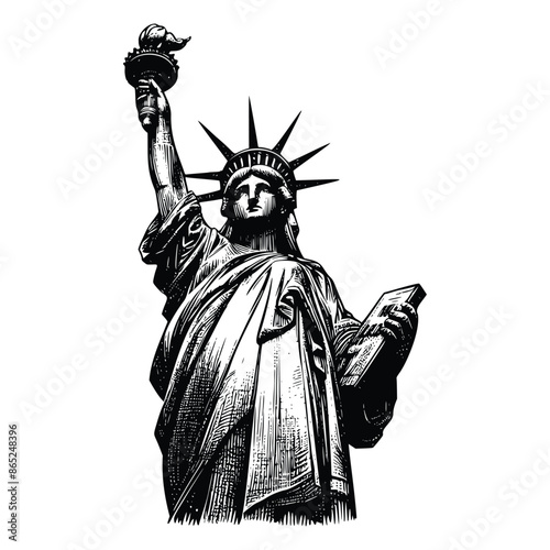 hand drawn statue of liberty illustration. engraving black and white liberty statue vector illustration isolated on white background