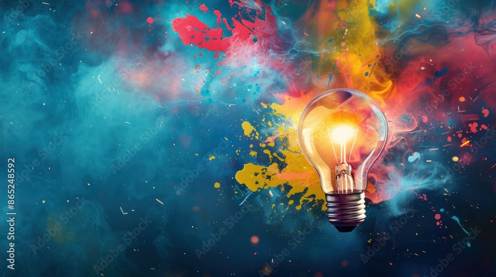 A light bulb is lit up in a colorful background A light bulb is lit up in a colorful background