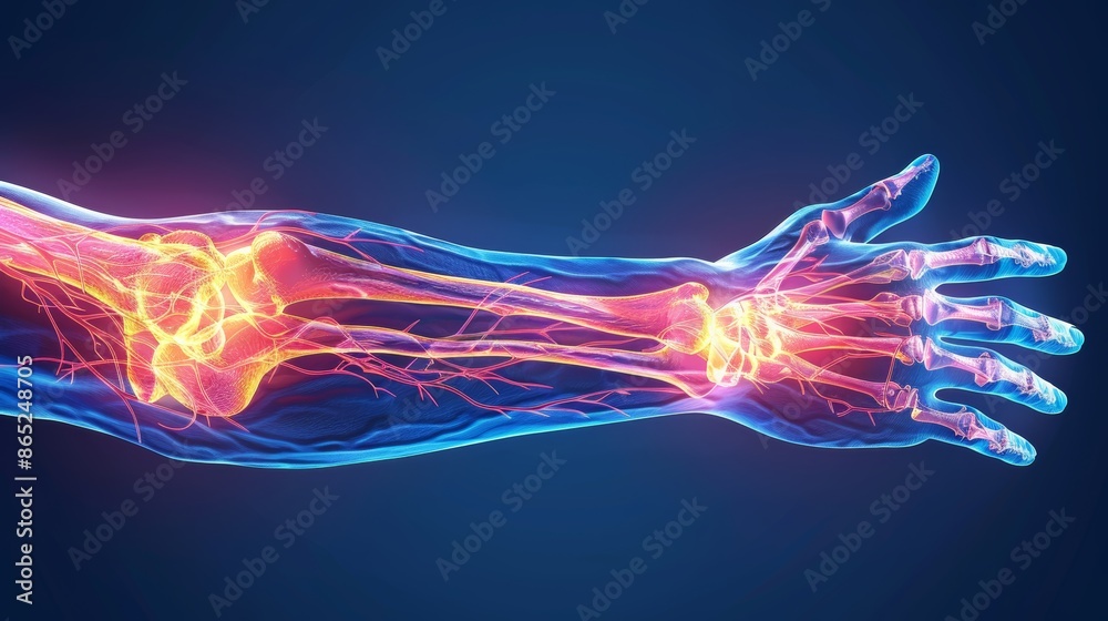 A 3D illustration of a human arm with highlighted bones and muscles ...