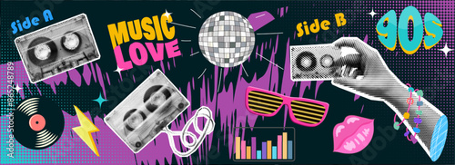 pop art  Collage of trendy halftone elements, 90s music, retro nostalgia. trendy Y2K elements. Design for social media, blog, post, template and etc.