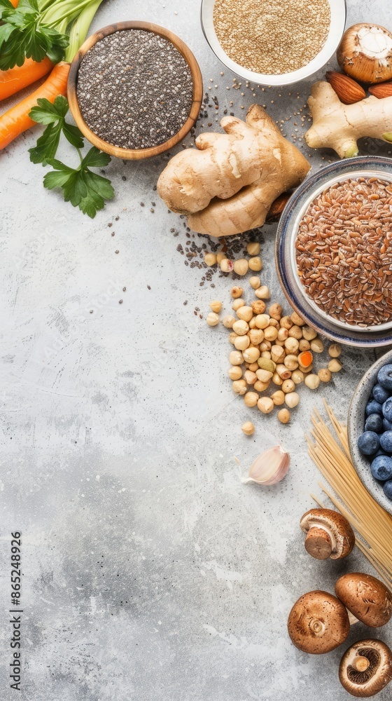 A flat lay image of various healthy foods, including chia seeds, pumpkin seeds, almonds, blueberries, and more, arranged on a grey surface A flat lay image of various healthy foods, including chia seeds, pumpkin seeds, almonds, blueberries, and more, arranged on a grey surface