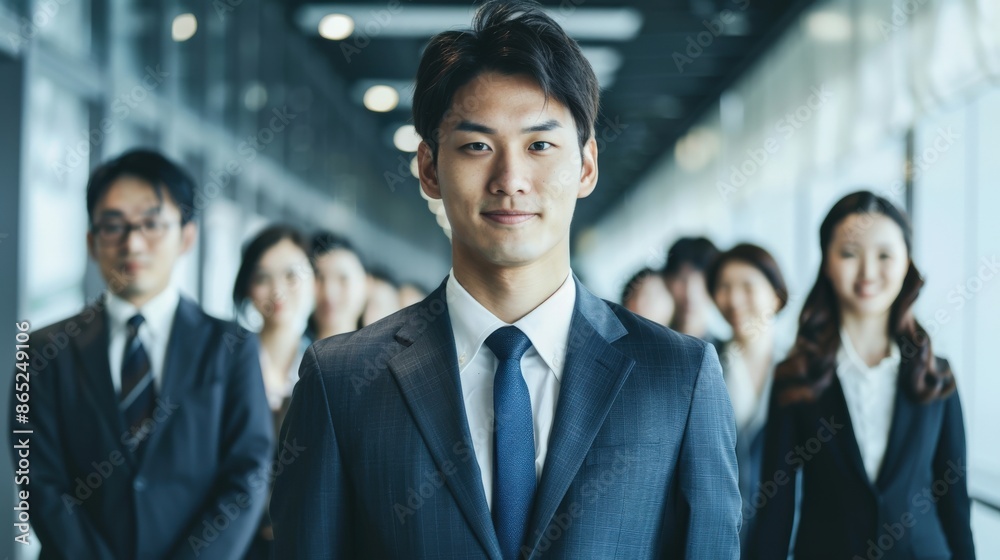 A group of people are standing in a hallway, all wearing suits and ties A group of people are standing in a hallway, all wearing suits and ties
