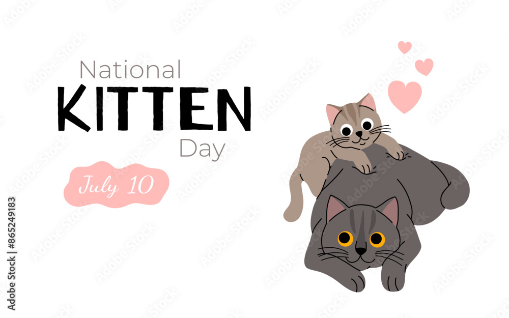 Cute cat concept, national kitten day. Adorable domestic british shorthair cat with kitten. Fluffy grey and creme colored cats lying with hearts. Cartoon flat vector illustration Cute cat concept, national kitten day. Adorable domestic british shorthair cat with kitten. Fluffy grey and creme colored cats lying with hearts. Cartoon flat vector illustration