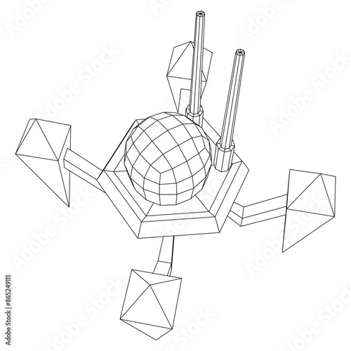 Spider robot with radar antenna. Nanobot, nanotechnology medical concept. Wireframe low poly mesh vector illustration