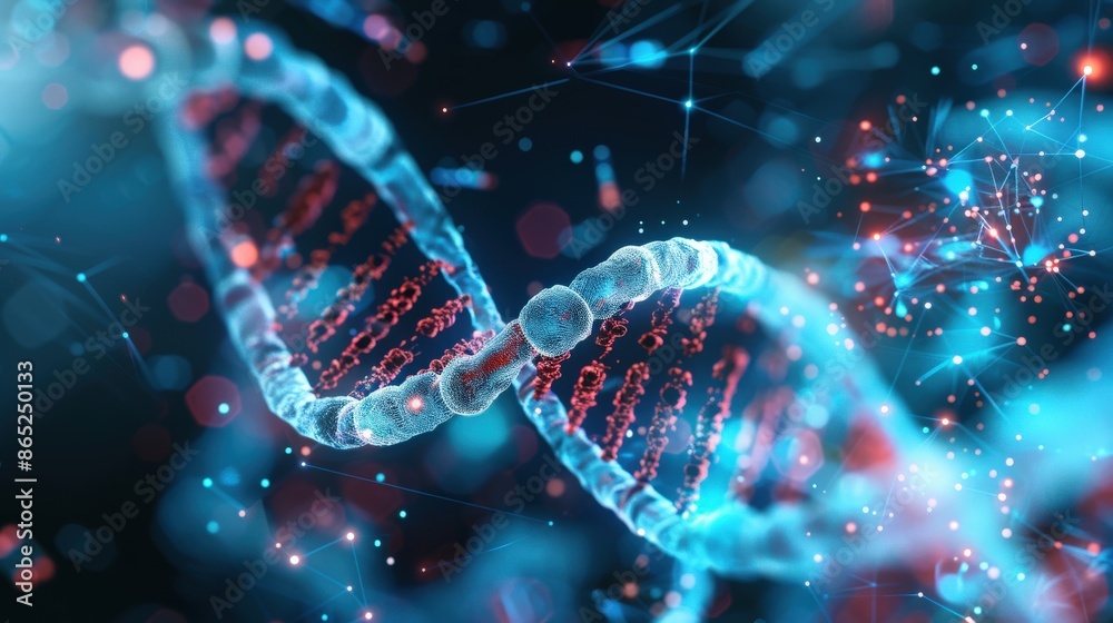 A DNA strand is shown in a blue and red color scheme A DNA strand is shown in a blue and red color scheme