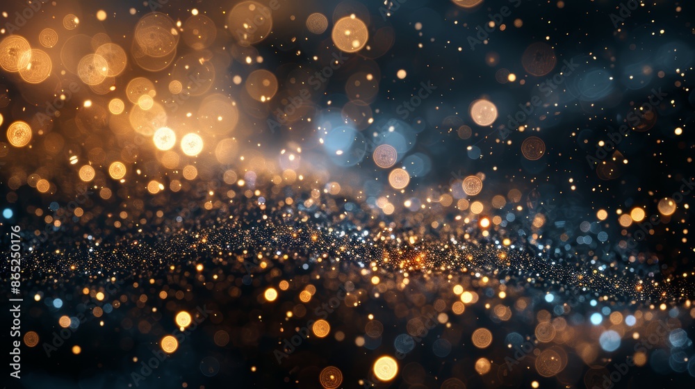 Obraz premium Abstract background with golden and blue bokeh lights on a dark background.
