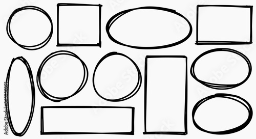 Drawn pen line oval and square set. Hand drawn marker stroke style doodle oval and square frame. Scribble round and square frame for text highlight. Vector illustration set.