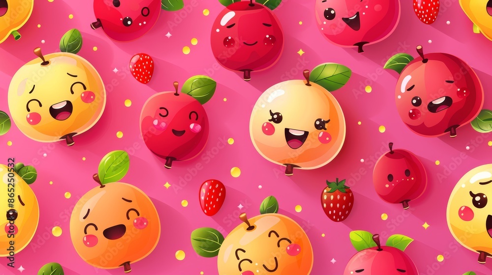 Cute seamless pattern with smiling apples and raspberries on a pink background. Cute seamless pattern with smiling apples and raspberries on a pink background.
