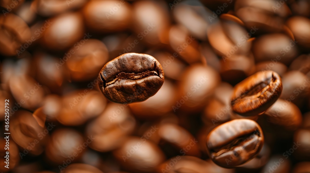 Fototapeta premium Floating Coffee Beans: A close-up shot of coffee beans floating in mid-air, surrounded by a rich, aromatic coffee aroma. 