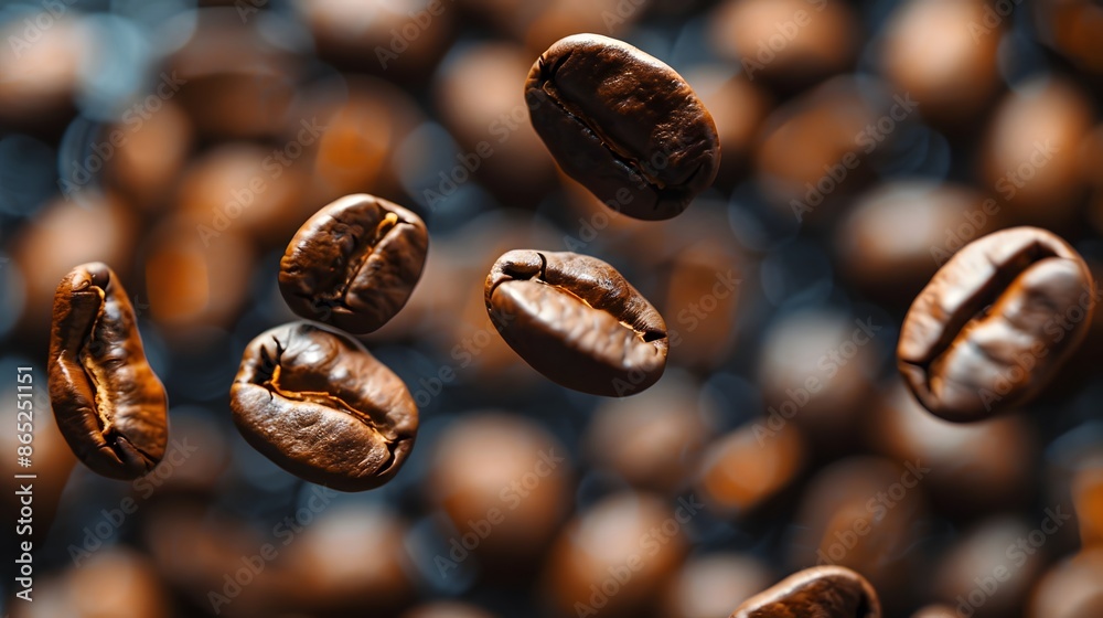 Fototapeta premium Floating Coffee Beans: A close-up shot of coffee beans floating in mid-air, surrounded by a rich, aromatic coffee aroma. 