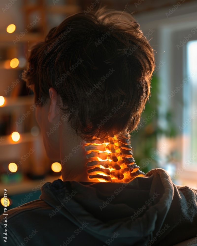 highlighted spine concept of a man with neck pain highlighted spine concept of a man with neck pain