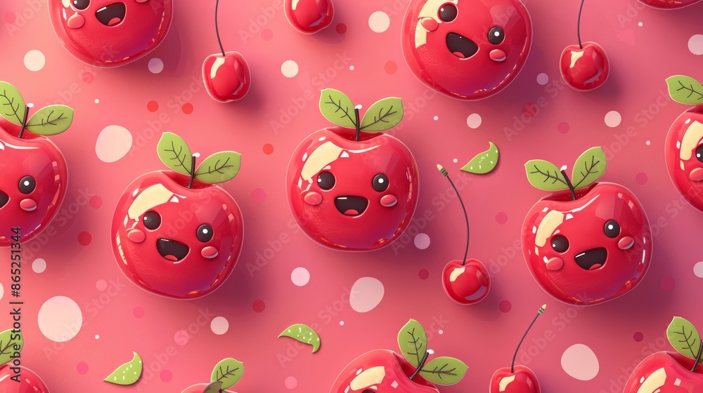 Cute cartoon cherries with happy faces on a pink background. Perfect for a summery, playful design. Cute cartoon cherries with happy faces on a pink background. Perfect for a summery, playful design.