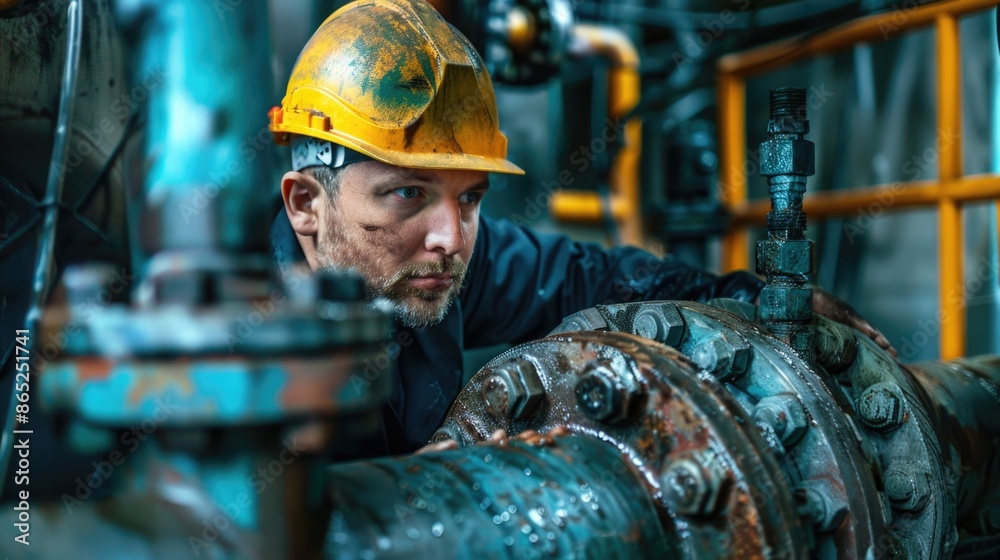 Water Worker. Men at Work Inspecting Valve in Sewage Industry for Water Filtration Water Worker. Men at Work Inspecting Valve in Sewage Industry for Water Filtration