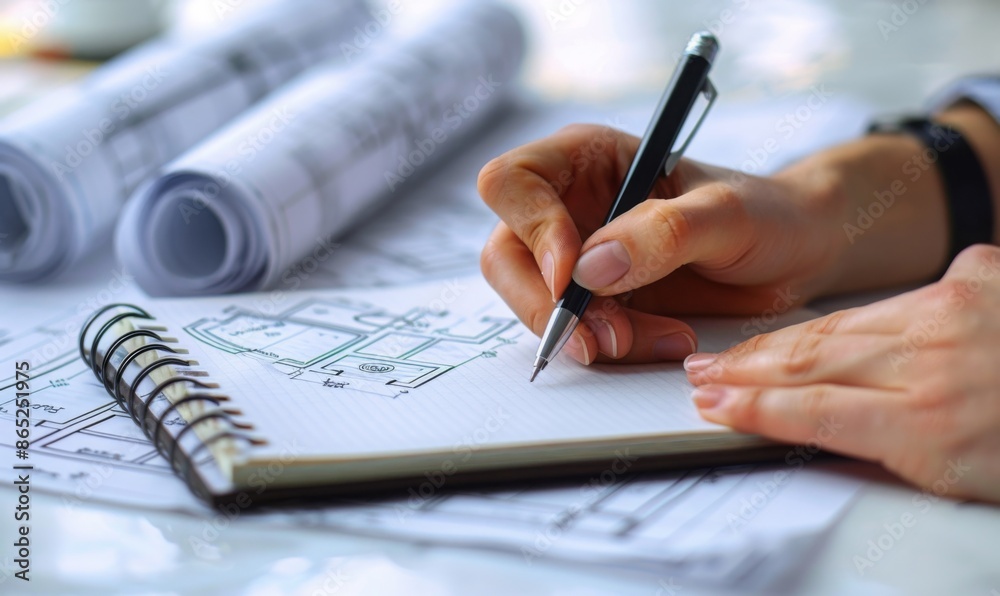 A worker's hands writing in a notebook with blueprints in the background A worker's hands writing in a notebook with blueprints in the background