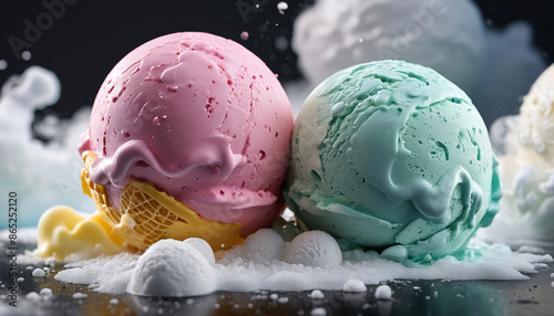 Fototapeta Naklejka Na Ścianę i Meble -  The Art of Molecular Ice Cream: Exploring Spherification and Liquid Nitrogen Techniques, Generative AI