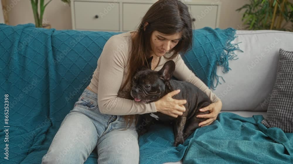 A young woman embraces her french bulldog on a cozy blue couch in a modern living room, conveying a heartfelt bond in a serene home setting.