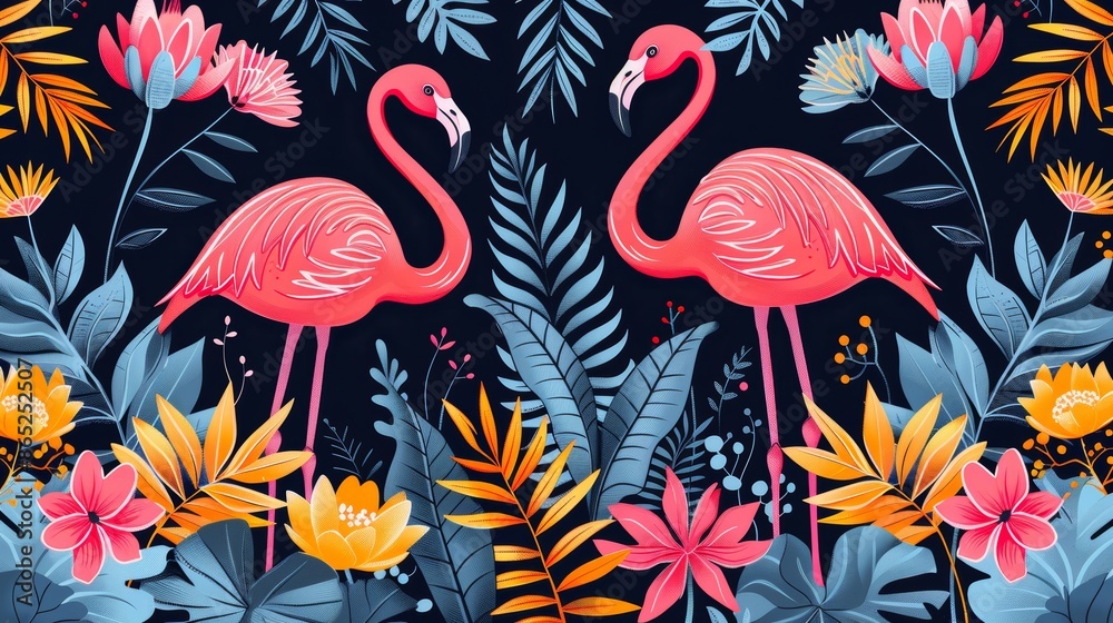 Two pink flamingos stand in a vibrant tropical jungle, surrounded by colorful flowers and lush greenery. Two pink flamingos stand in a vibrant tropical jungle, surrounded by colorful flowers and lush greenery.