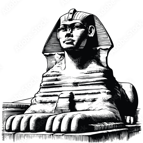hand drawn Great Sphinx of Giza statue illustration. engraving black and white sphinx statue vector illustration isolated on white background