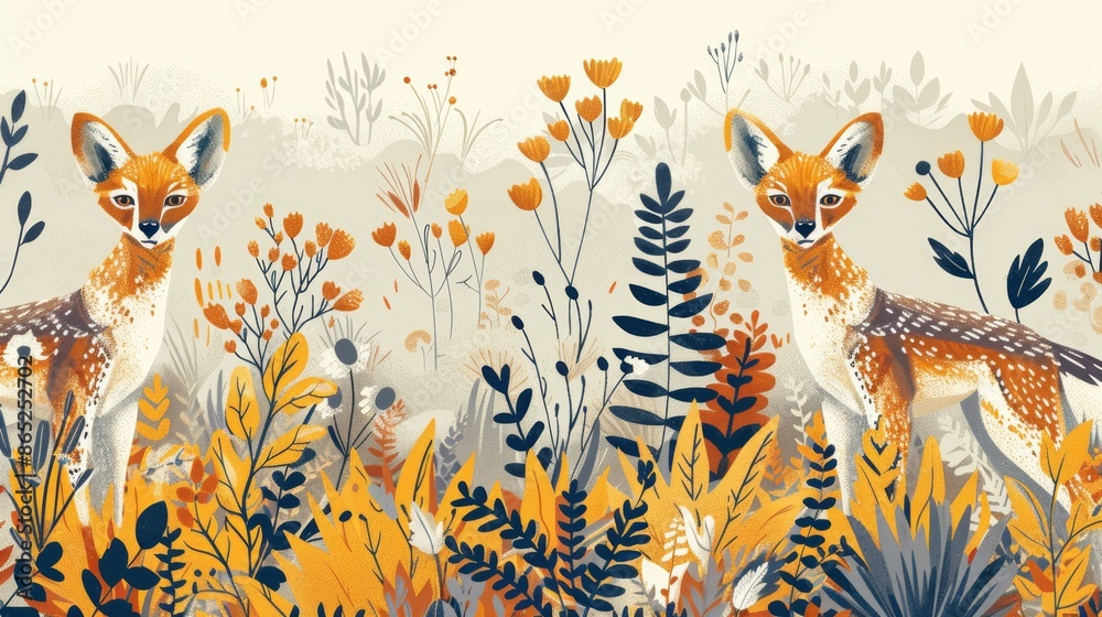 Two foxes stand in a field of tall grass and flowers, with a soft, dreamy light filtering through the scene. Two foxes stand in a field of tall grass and flowers, with a soft, dreamy light filtering through the scene.