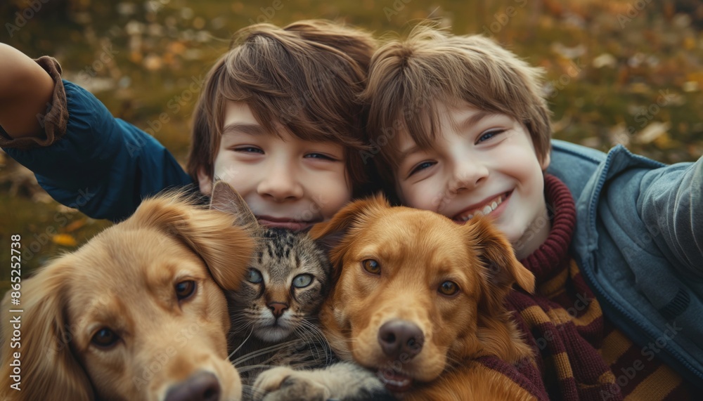 A smiling boy takes a selfie with a pet dog A smiling boy takes a selfie with a pet dog