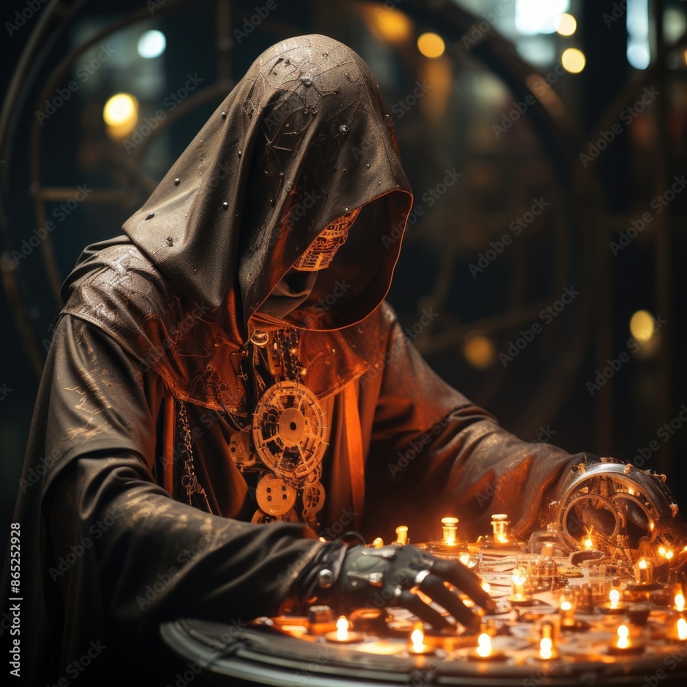 A steampunk sorcerer wearing a brown leather cloak and gloves is performing some kind of ritual with candles and a clock. A steampunk sorcerer wearing a brown leather cloak and gloves is performing some kind of ritual with candles and a clock.