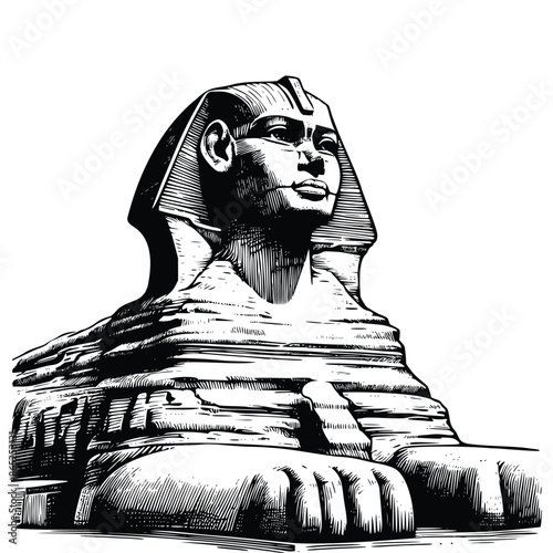 hand drawn Great Sphinx of Giza statue illustration. engraving black and white sphinx statue vector illustration isolated on white background