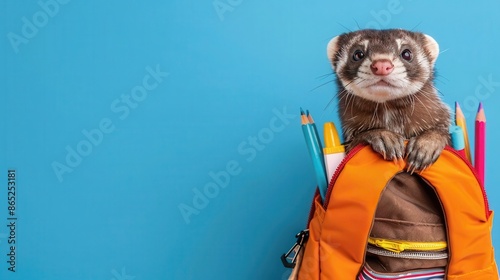 Ferret exploring a backpack filled with school supplies, adventurous pet and school theme