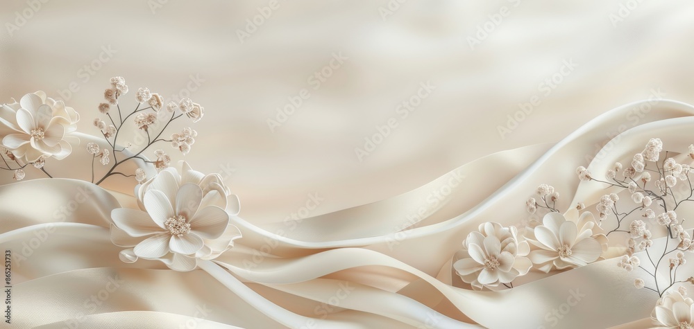 3D render of a podium display background with abstract beige and cream colors and a wave ribbon element, perfect for minimalistic product presentations 3D render of a podium display background with abstract beige and cream colors and a wave ribbon element, perfect for minimalistic product presentations