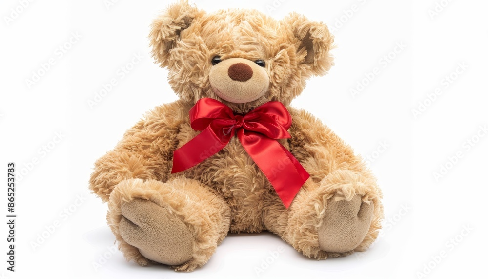 White isolated teddy bear wearing red bow White isolated teddy bear wearing red bow
