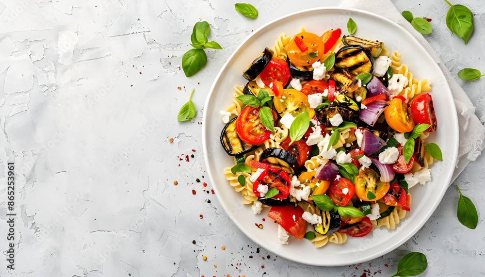 pasta salad with grilled vegetables ( zucchini, eggplant, bell pepper ant tomato) and feta cheese on white bowl, top view pasta salad with grilled vegetables ( zucchini, eggplant, bell pepper ant tomato) and feta cheese on white bowl, top view