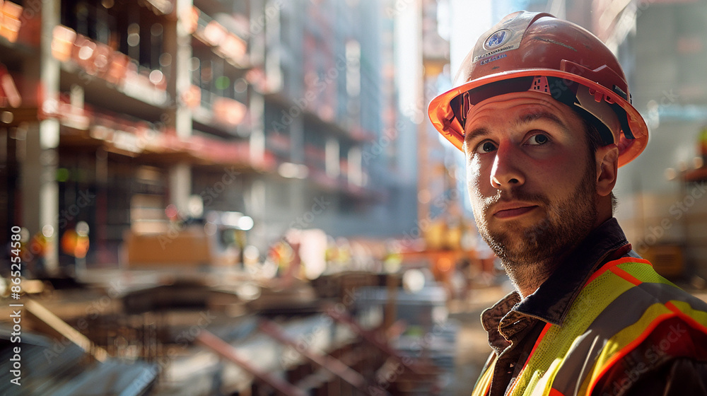 A construction worker wearing a hard hat and safety vest on a busy construction site, representing industry, hard work, and development. Ideal for concepts of labor and infrastructure. A construction worker wearing a hard hat and safety vest on a busy construction site, representing industry, hard work, and development. Ideal for concepts of labor and infrastructure.