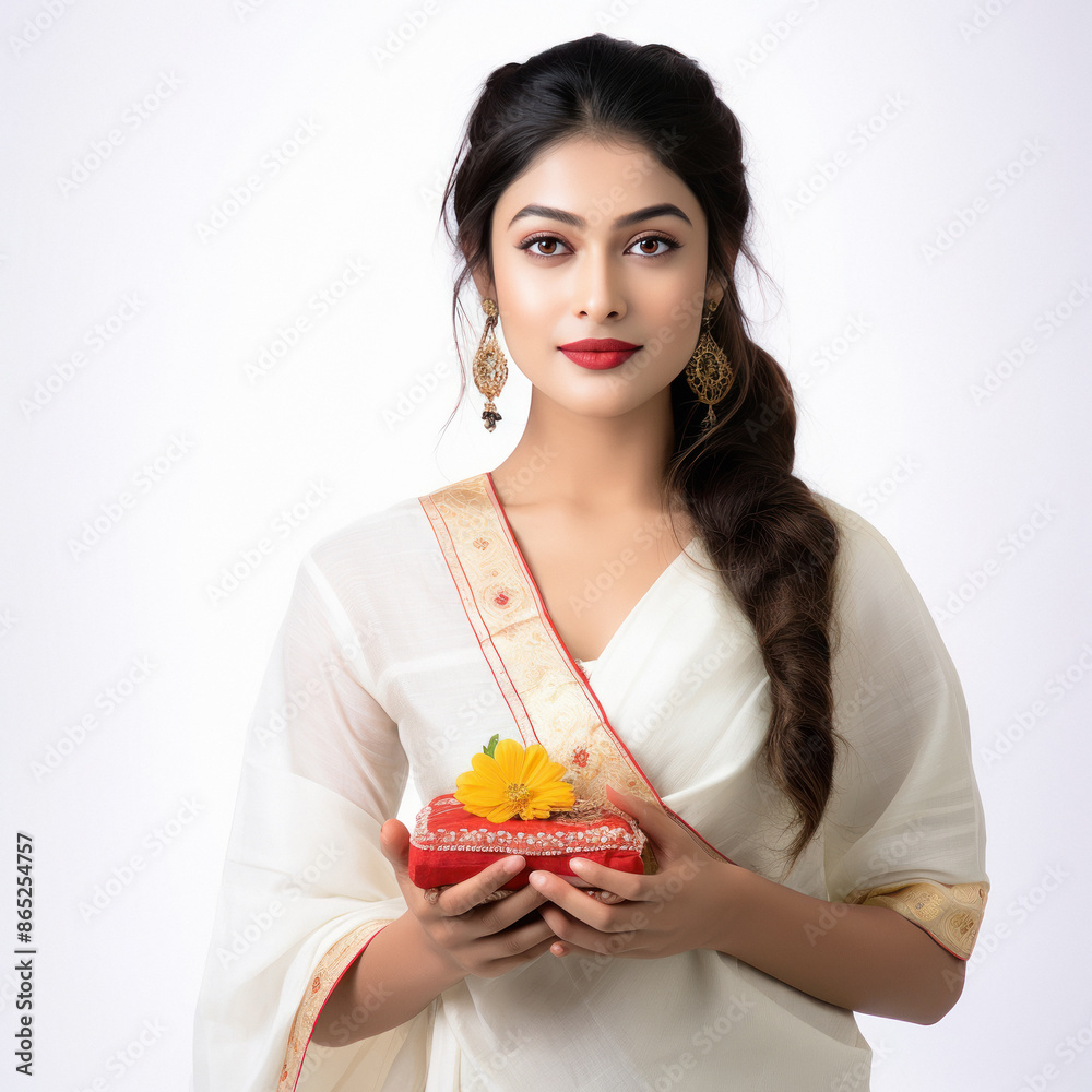 young indian woman gift box on white background young indian woman gift box on white background